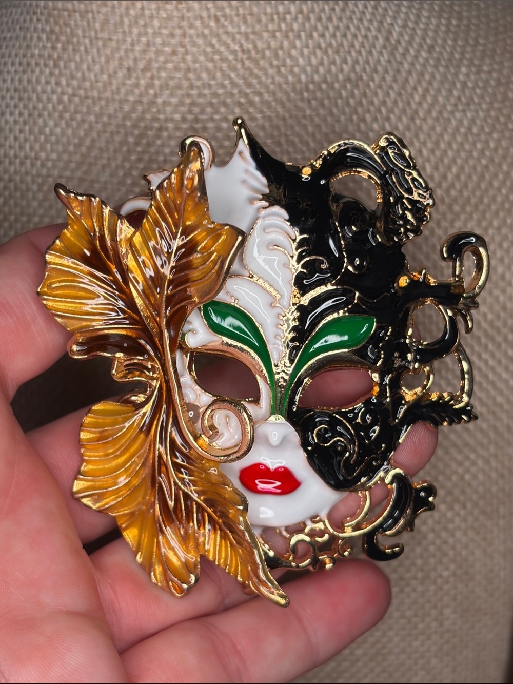 Gold & Black Venetian Mask Brooch with Red Lips and Green Accents